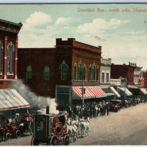 c1910s Shenandoah, IA Sheridan Ave Parade Downtown Steam Carriage Postcard A172