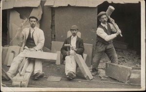 Stone Masons? Occupation Silly Men Rocks Hammers Real Photo Postcard