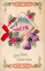 Christmas greetings Purple bells, opens up into card Novelty 1914 