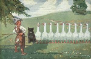 Krause Carus - Boy as Military General Lines Up His Dog & Geese c1910 Postcard