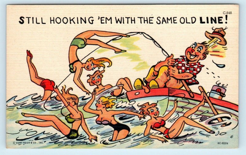 RISQUE FISHING Comic c1950s Linen Postcard Still Hookin em With Same Old Line!