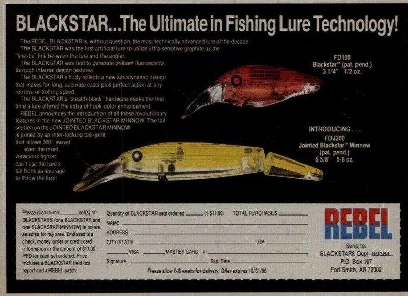 c1988 Rebel Fishing Lure Black Star Print Ad Old Fishing Lure