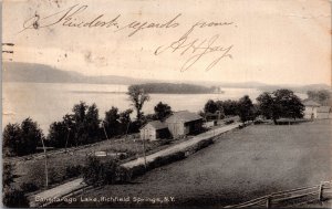 Postcard NY Richfield Springs Canadarago lake barns buildings Deowongo Island