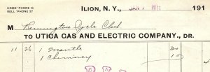 1911 ILION NY UTICA GAS AND ELECTRIC COMPANY REMINGTON CYCLE CLUB BILLHEAD Z4644