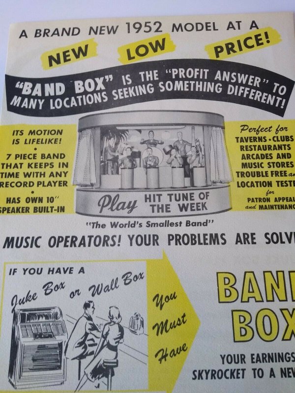 Chicago Coin Band Box Jukebox FLYER 1952 Original Animated Manikin Musicians NOS