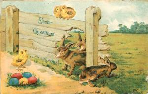 Vintage Postcard Embossed Easter Greetings Rabbits Chicks Colored Eggs