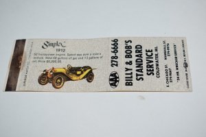 Billy & Bob's Standard Service Coldwater Michigan Car 20 Strike Matchbook Cover