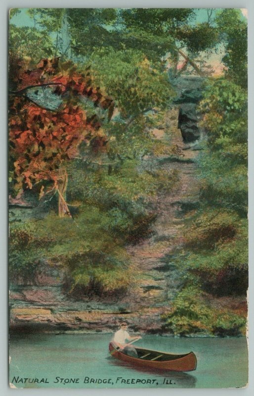 Freeport Illinois~Natural Stone Bridge~Steps Down to Boy in Canoe~c1910 Postcard 