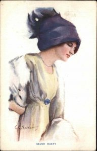 CW Barber Beautiful Woman Purple Hat Vintage Fashion Glamour c1910 Postcard