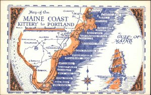 Maine Coast Map Kittery to Portland Southern Maine Vintage Postcard