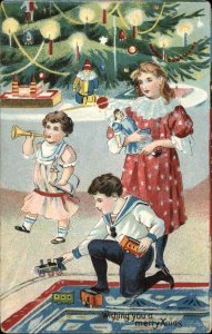 Christmas Children Toy Model Train Doll Dolly c1910 Postcard