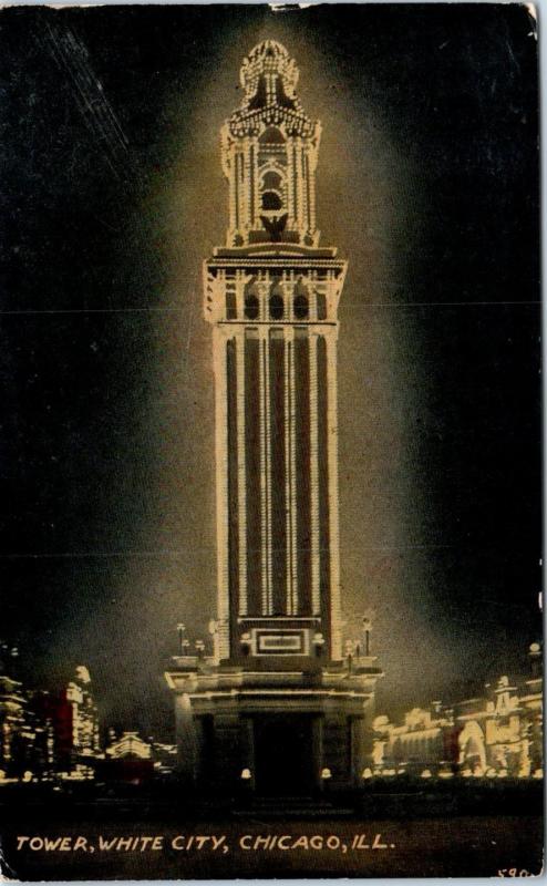 CHICAGO, IL Illinois  Amusement Park  WHITE CITY, TOWER at Night  1912  Postcard