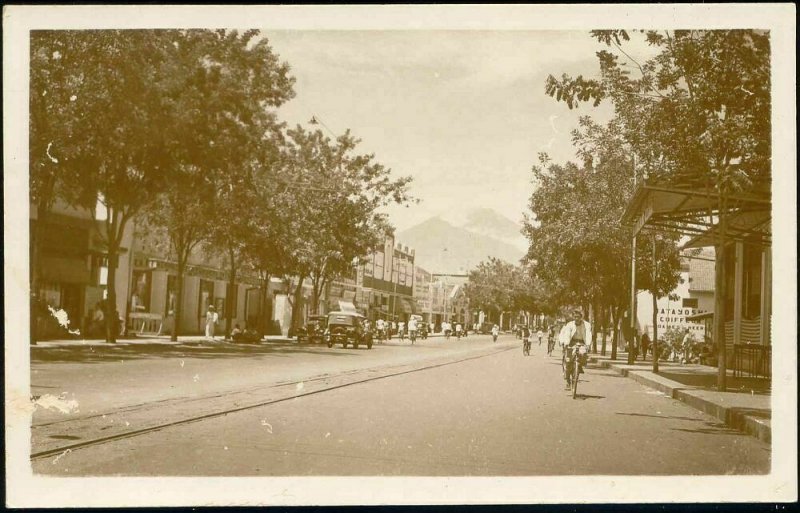 indonesia, JAVA MALANG, Street Scene, Tram Rails, Car (1920s) RPPC Postcard