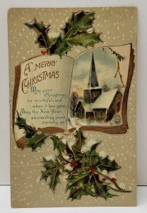Christmas Greetings Gold Gilded Church Holly Berry Germany Postcard B14