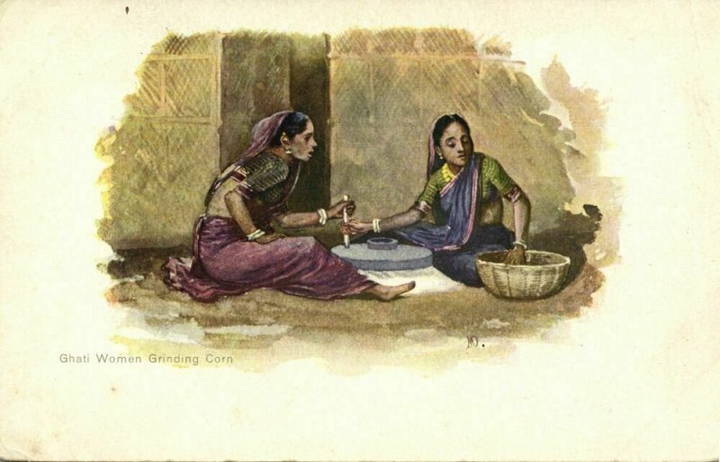 british india, Native Ghati Women grinding Corn (1899) Artist Signed Postcard