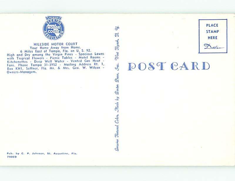 Unused 1950's HILLSIDE MOTOR COURT MOTEL Tampa Florida FL u3479@