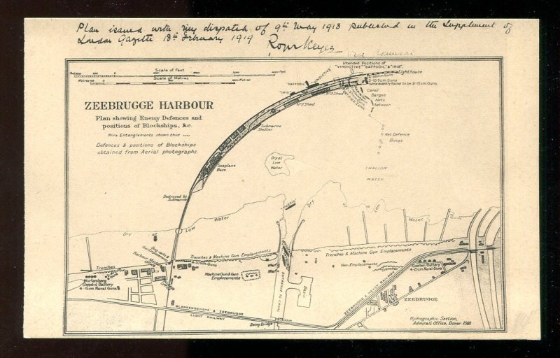 dc1002 - BELGIUM Zeebrugge 1920s Harbour WW1 Map of Enemy Defenses