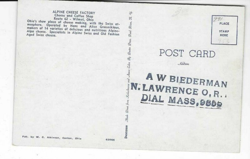 vintage postcard, Alpine Cheese Factory, Wilmot, Ohio 