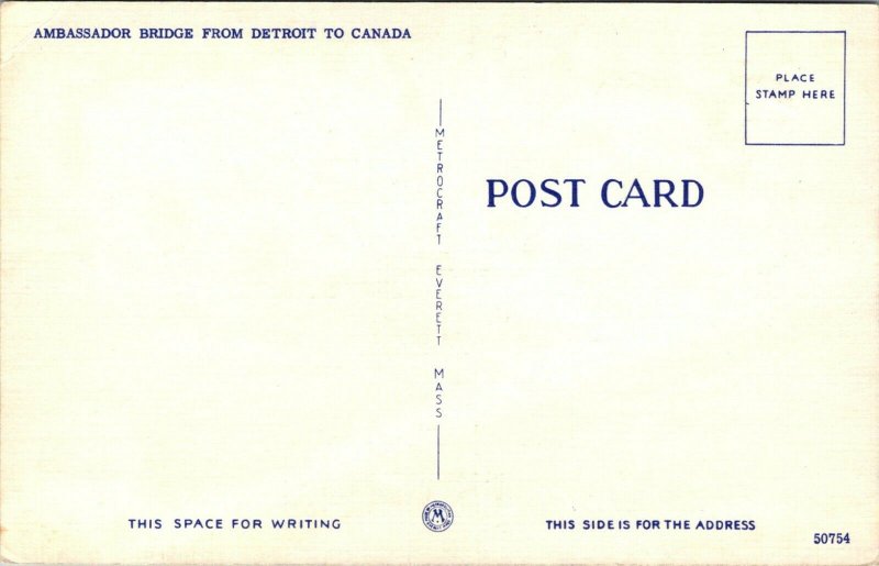 Ambassador Bridge from Detroit Michigan to Canada Linen Postcard
