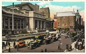 Vintage Postcard 1920's Public Library Building and Fifth Avenue New York N. Y.