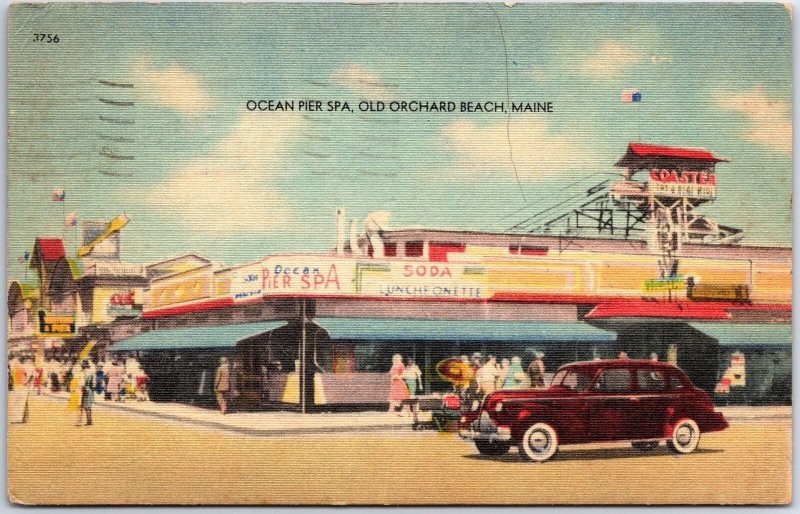 VINTAGE POSTCARD OCEAN PIER SPA & STORE SCENE AT OLD ORCHARD MAINE POSTED 1950