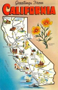 Greetings from CALIFORNIA Map Poppies Tahoe Santa Cruz c1960s Vintage Postcard