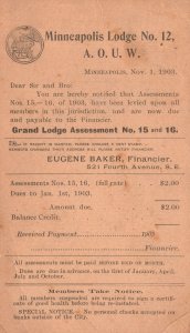Vintage Postcard 1903 Minneapolis Lodge Grand Lodge Assessment No. 15 & 16 MN