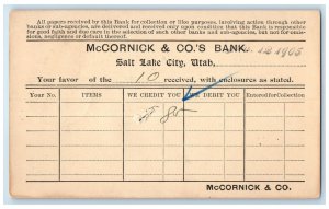1905 McCornick & Co's Bank Salt Lake City Utah UT Posted Postal Card