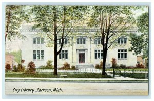 1907 City Library Jackson Michigan MI Detroit Chicago RPO Train Cancel Postcard 