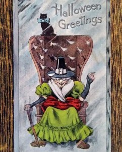 Halloween Postcard Fantasy Seated Witch Black Cat Blue Bow Tie H M Rose TRG 1909