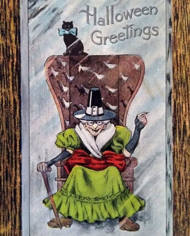 Halloween Postcard Fantasy Seated Witch Black Cat Blue Bow Tie H M Rose TRG 1909 