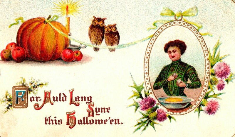 Vintage Gottschalk Lovely Victorian Lady,Owl,Pumpkin Romantic Halloween Postcard
