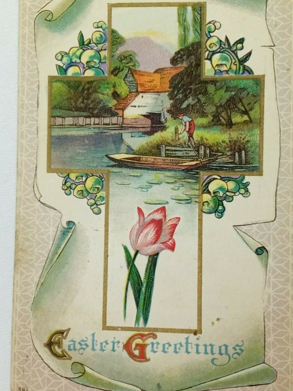 Vintage Postcard 1910's Easter Greetings Cross Flowers Holiday Boat & Homestead