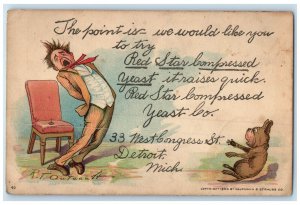 1909 Outcault Red Star Yeast Detroit Michigan MI, Man Trapped Dog Postcard