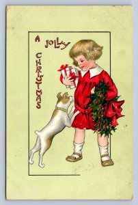 J92/ Merry Christmas Holiday Postcard c1910 Child Pet Dog Gifts 236