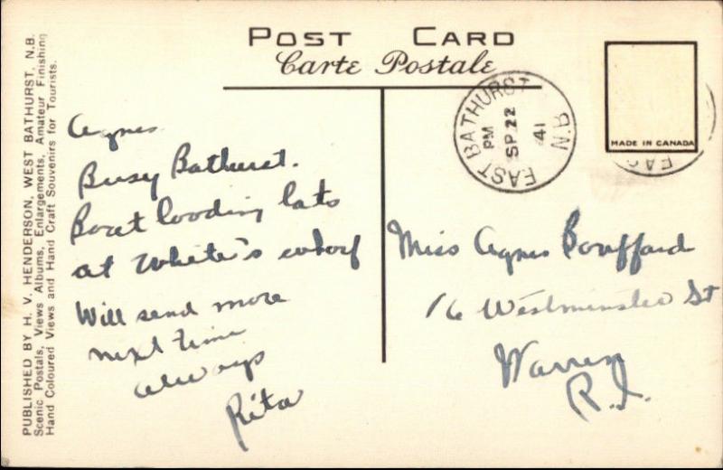 Bathurst NB Steamer at Dock Loading Lumber NESTTUN Old Postcard 1941