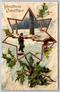 Christmas~Woodsman In Forest~7-Point Gold Star Shape~Holly~Emb~GEL~1911 Germany