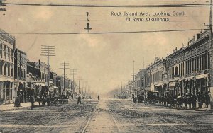 El Reno OK Rock Island Ave. Horse & Wagons Trolley Tracks Storefronts Postcard