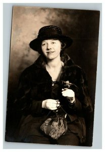 Vintage 1920's RPPC Postcard - Studio Portrait Cute Woman Black Hat Purse