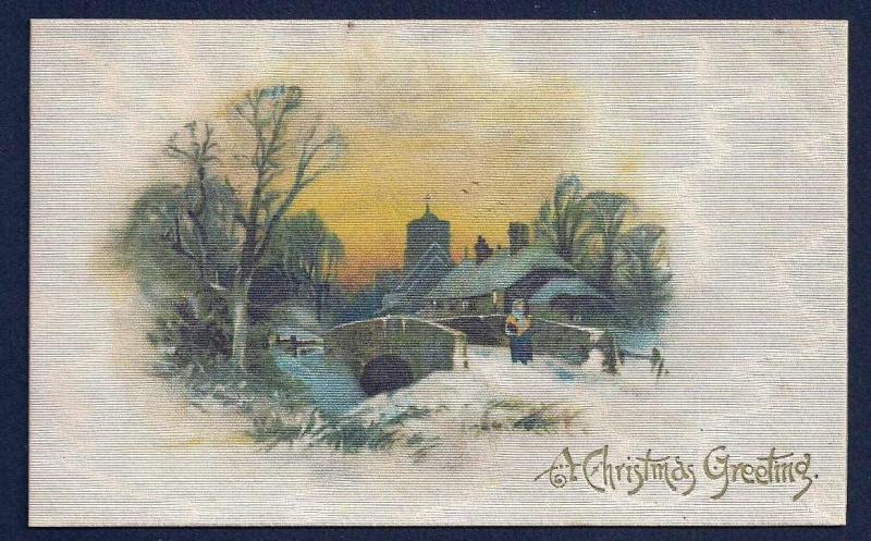 Christmas Greeting Bridge & Scenery Winsch silk used c1910