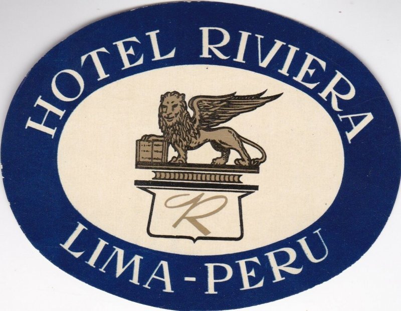 Peru Lima Hotel Riviera Blue Vintage Luggage Label sk1398