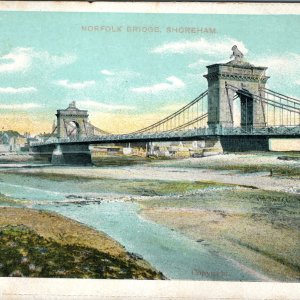 c1900s Shoreham-by-Sea UK Norfolk Bridge Postcard Suspension River Adur Lion GDD