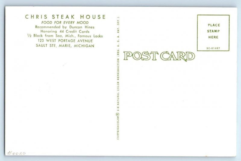 SAULT STE. MARIE, Michigan MI ~ Roadside CHRIS STEAK HOUSE c1950s Postcard
