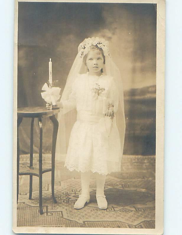 Pre-1930 rppc religious CUTE GIRL HOLDS BIBLE - CATHOLIC FIRST COMMUNION HM0310