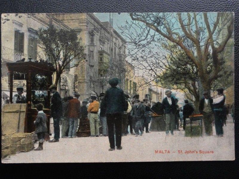 Vintage PC - St. John's Square - Malta - showing animated street market scene