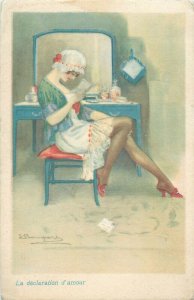 Love declaration Italian artist S. Bompard leggy Risqué pin-up beauty postcard 