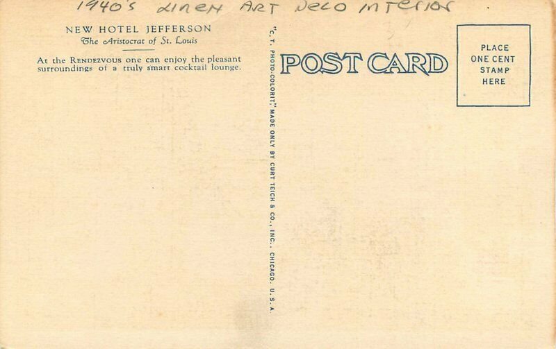 Missouri St Louis New Hotel Jefferson 1940s Art Deco Interior Postcard 22-658