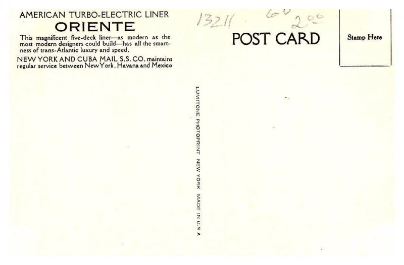 S.S. Oriente , NY and Cuba Maill S.S. Co.