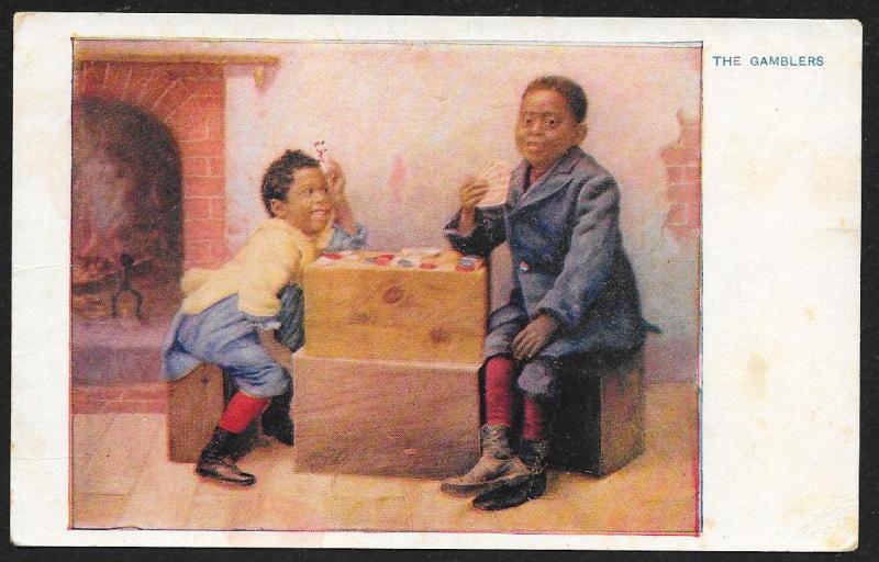 Two Black Boys Playing Cards 'The Gamblers' Unused c1910s