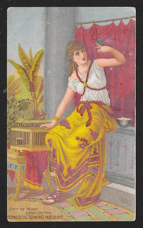 VICTORIAN TRADE CARD Domestic Sewing Co Lady Holding Bird with Red Curtain